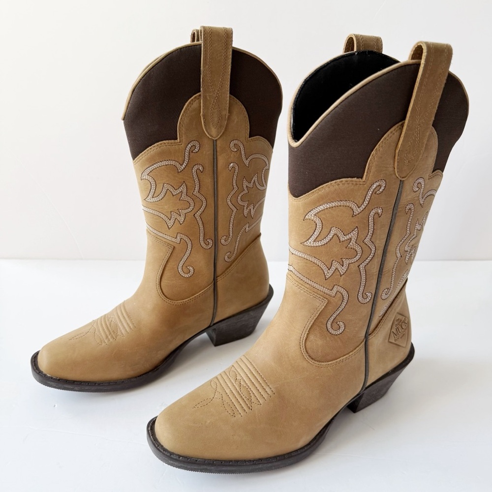 Muck Boot Women Tan Suede Leather Western Cowboy Square Toe Mid Calf Boots US6